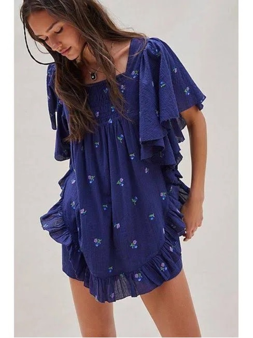 Free People Kit Romper NWT Medium Navy Floral Embroidered Boho Flutter Sleeve